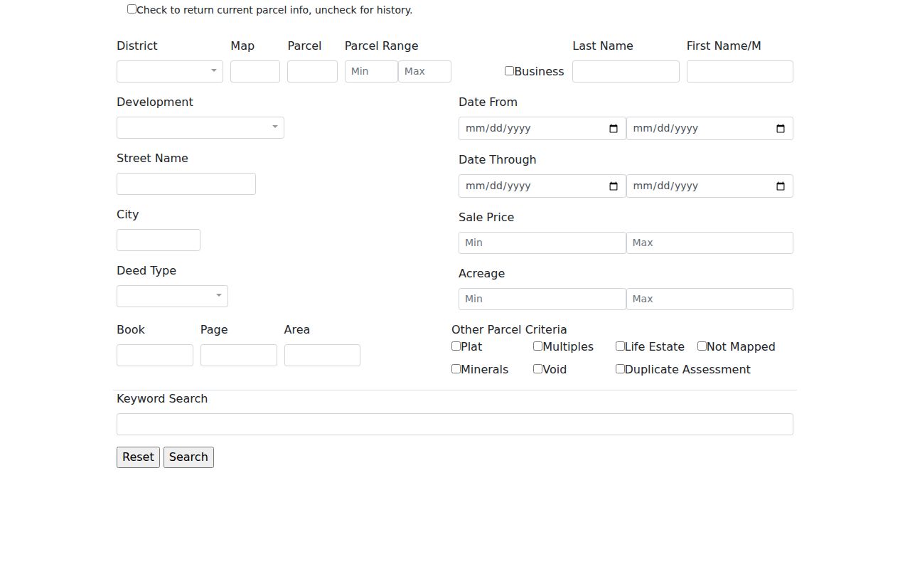 Monongalia County property search fields in the assessor parcel database